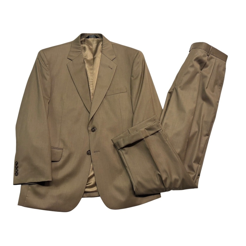 Jos A Bank 42S 36x30 Tan 2pc Pant Suit Signature Collection Pleated Cuffed Wool